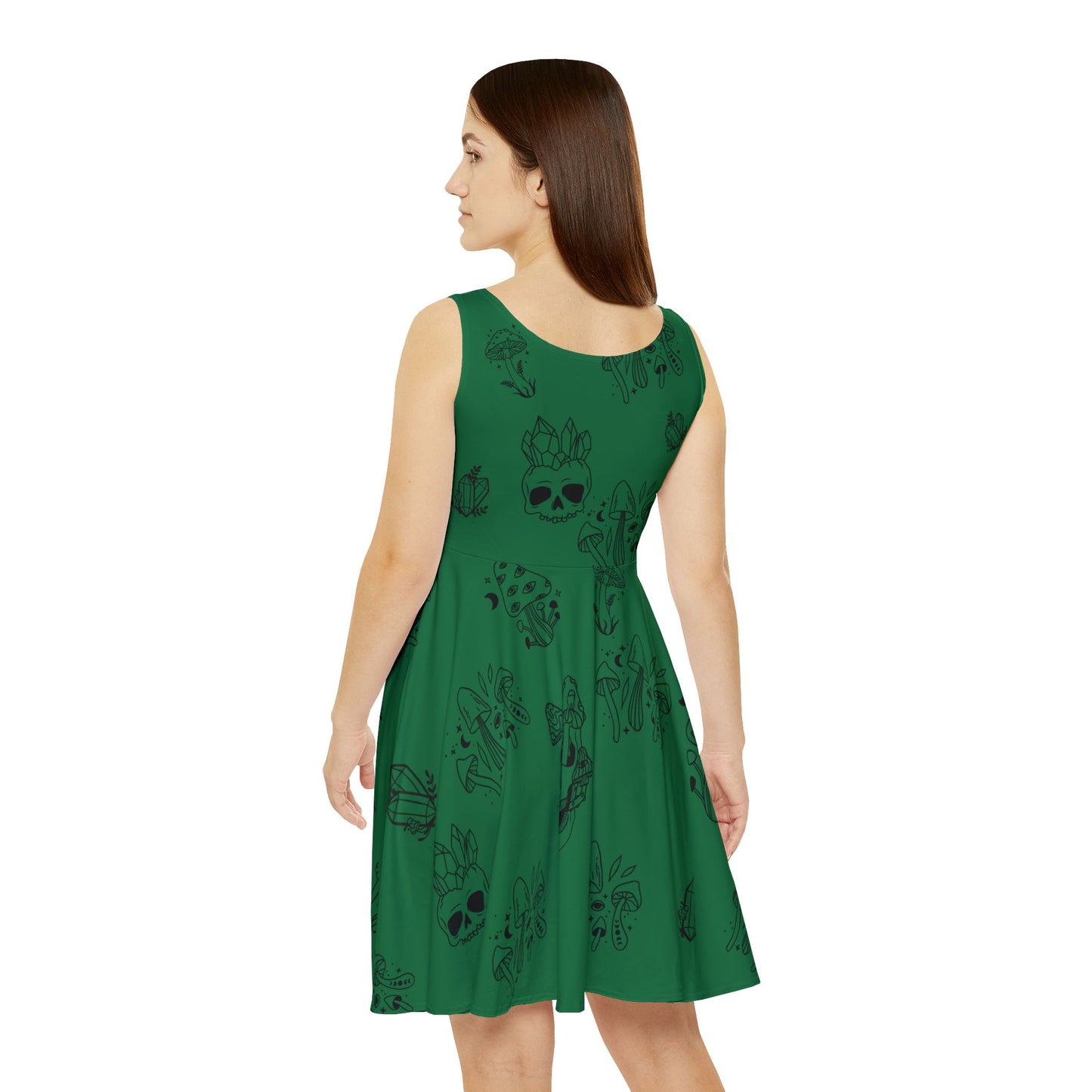 Grünes Damenkleid - Grün mit Totenköpfen, Kristallen und Pilzen - Witchy Vibes 