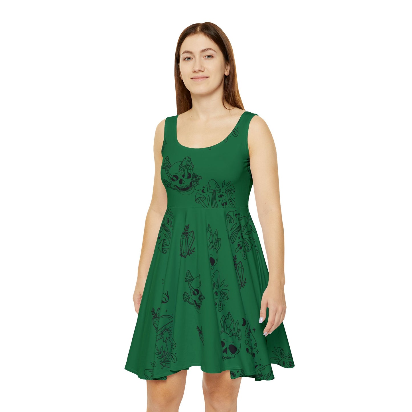 Grünes Damenkleid - Grün mit Totenköpfen, Kristallen und Pilzen - Witchy Vibes 