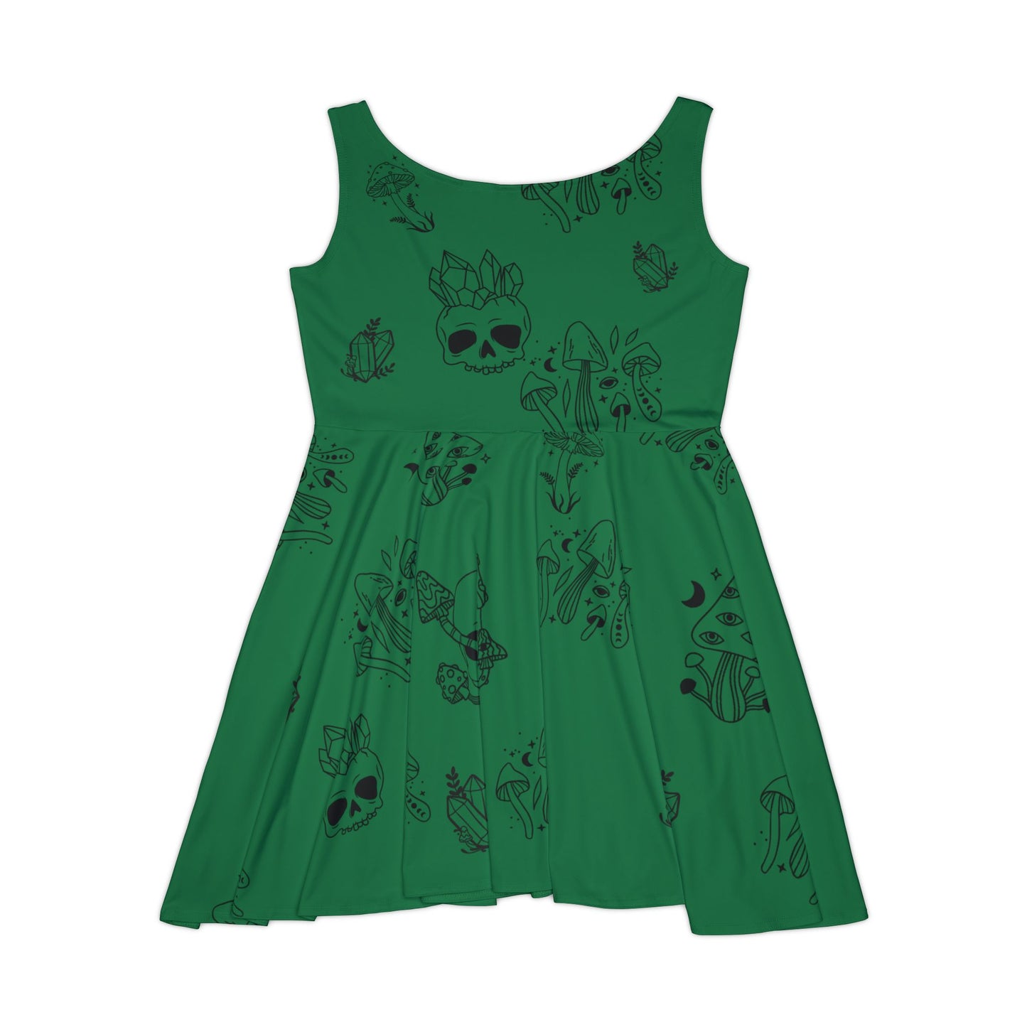 Grünes Damenkleid - Grün mit Totenköpfen, Kristallen und Pilzen - Witchy Vibes 