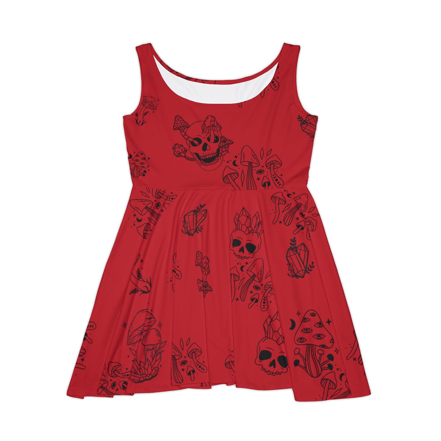Rotes Damenkleid - Rot mit Totenköpfen, Kristallen und Pilzen - Witchy Vibes 