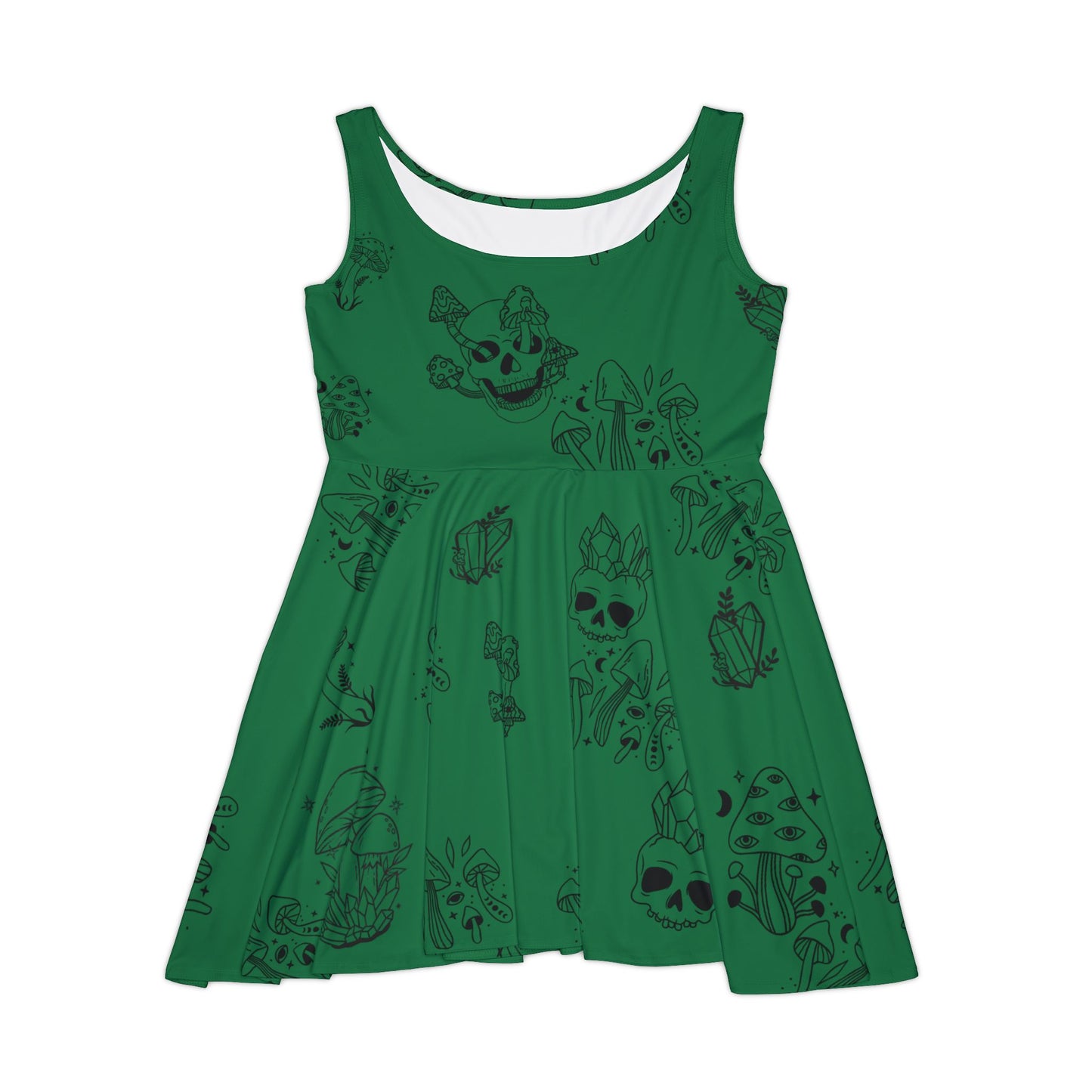 Grünes Damenkleid - Grün mit Totenköpfen, Kristallen und Pilzen - Witchy Vibes 