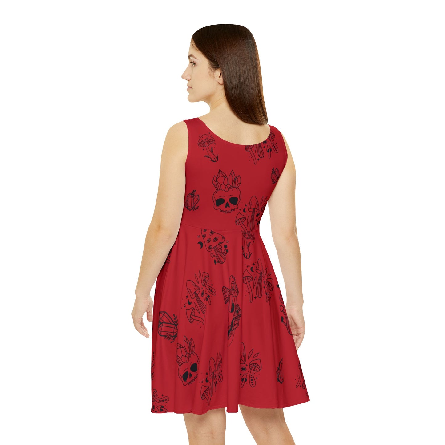 Rotes Damenkleid - Rot mit Totenköpfen, Kristallen und Pilzen - Witchy Vibes 